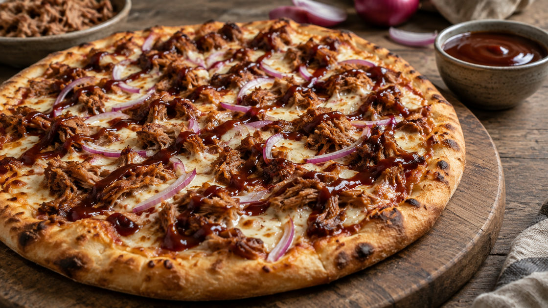 Pizza met pulled pork, bbq-saus, kaas en rode ui op een houten plank