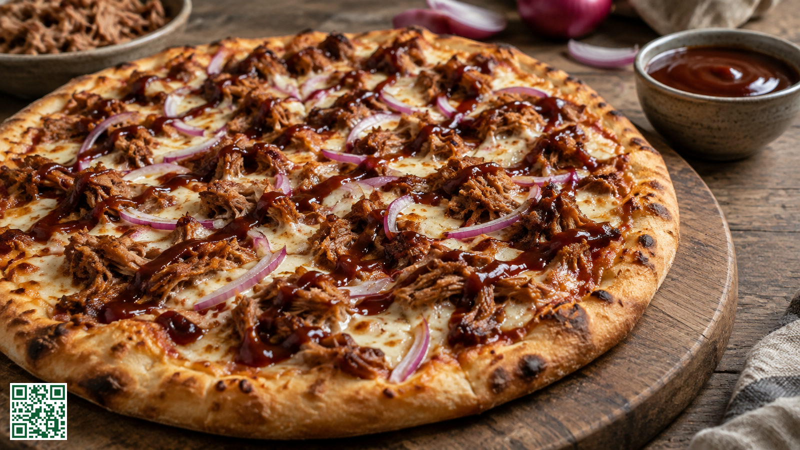 Pizza met pulled pork, bbq-saus, kaas en rode ui op een houten plank