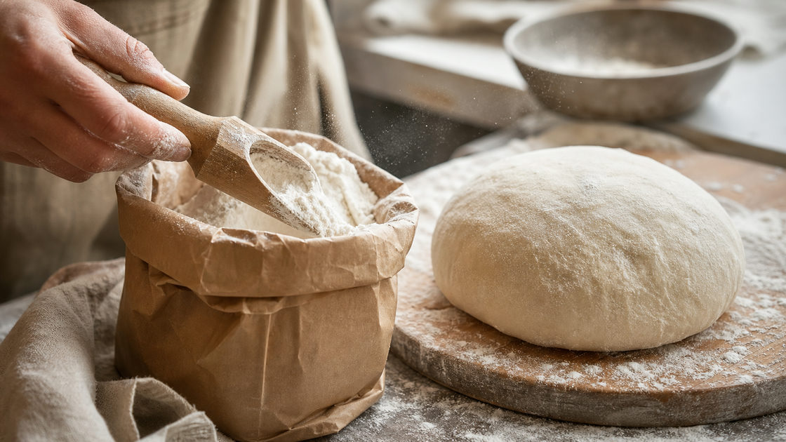 Bloem in een schep naast een bol pizzadeeg op een bebloemd werkblad