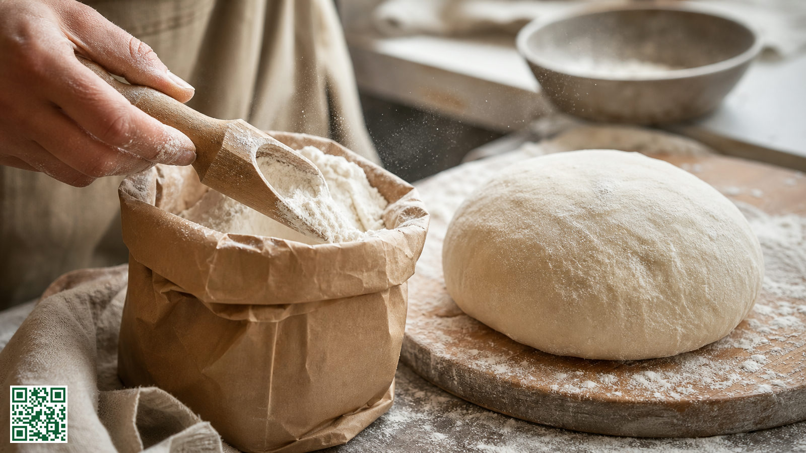 Bloem in een schep naast een bol pizzadeeg op een bebloemd werkblad