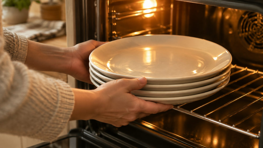 Stapel witte keramische borden in een warme oven om voor te verwarmen