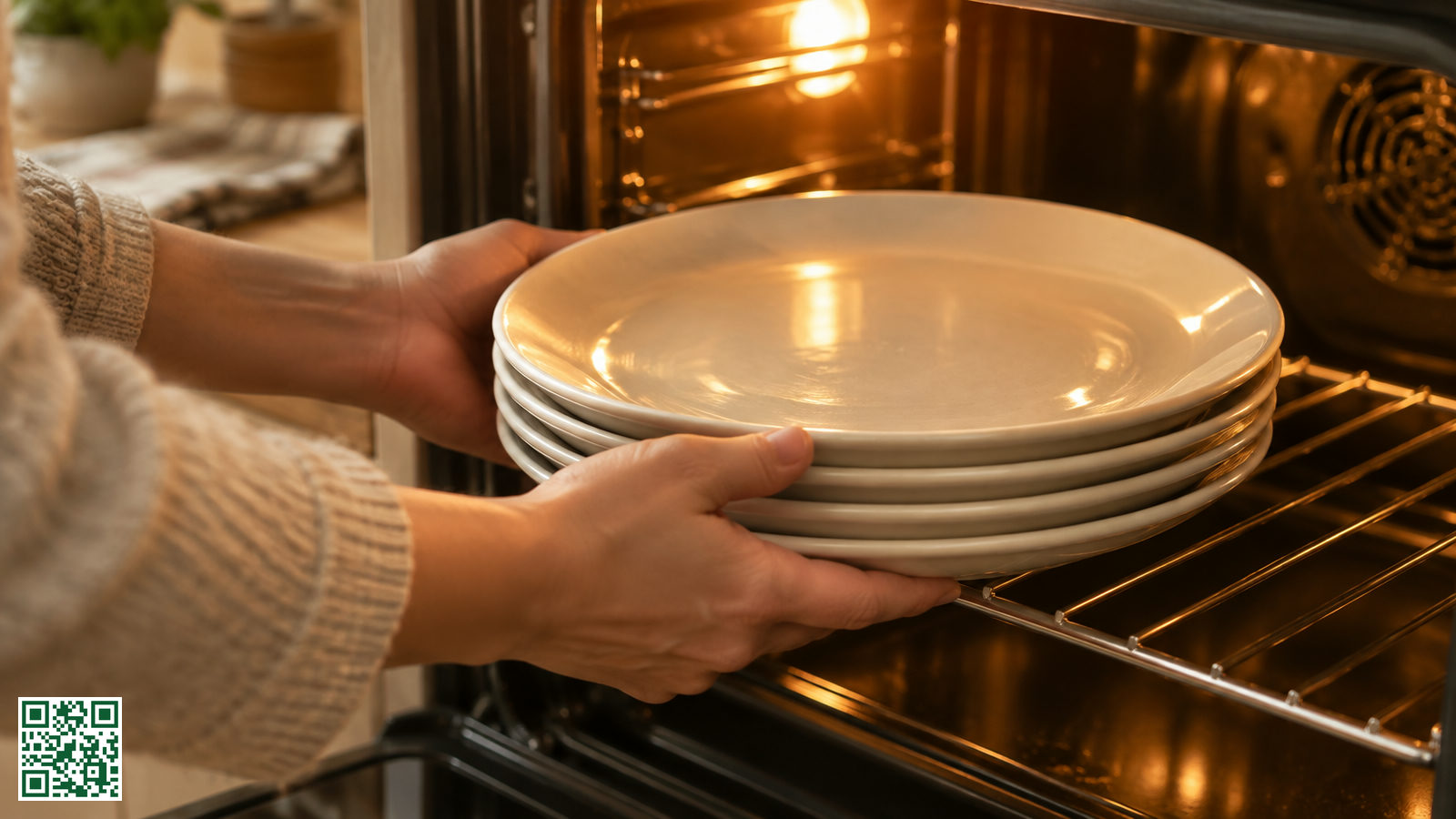 Stapel witte keramische borden in een warme oven om voor te verwarmen