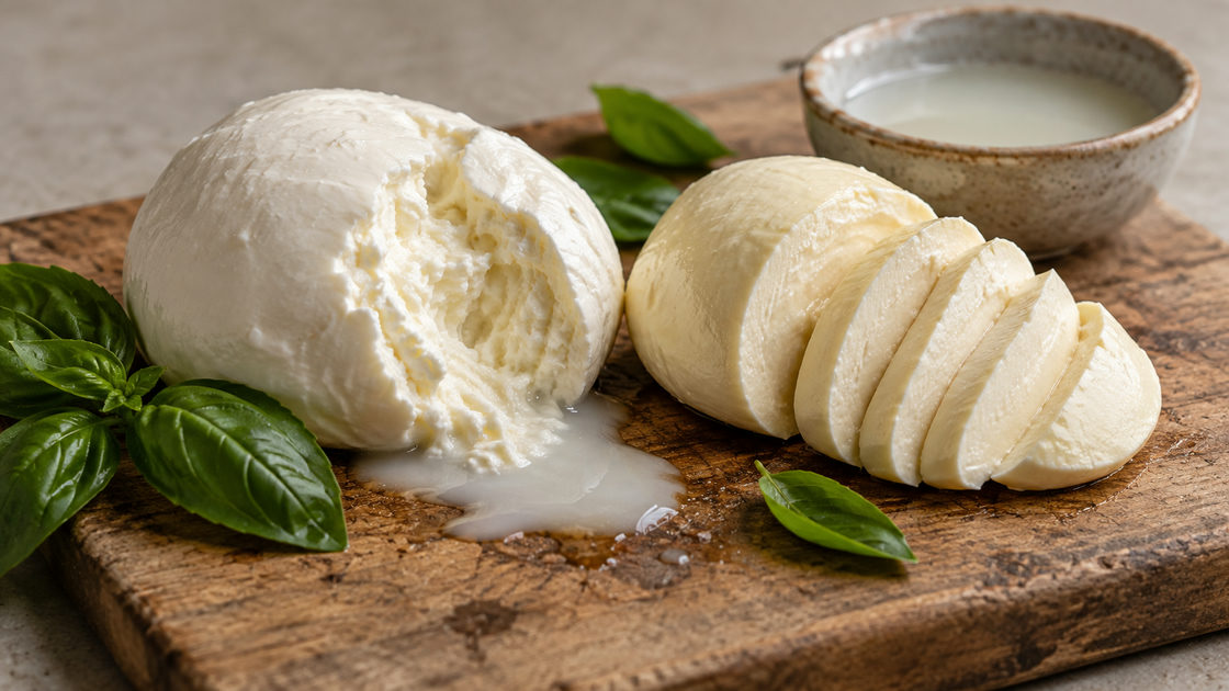 Twee bollen verse mozzarella op een houten plank, de ene opengescheurd en de andere in plakken, met blaadjes basilicum