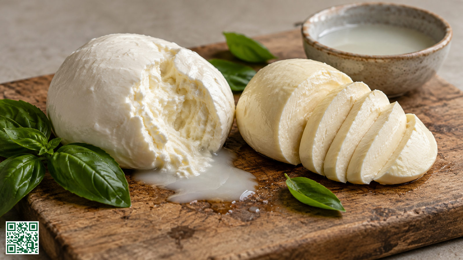 Twee bollen verse mozzarella op een houten plank, de ene opengescheurd en de andere in plakken, met blaadjes basilicum