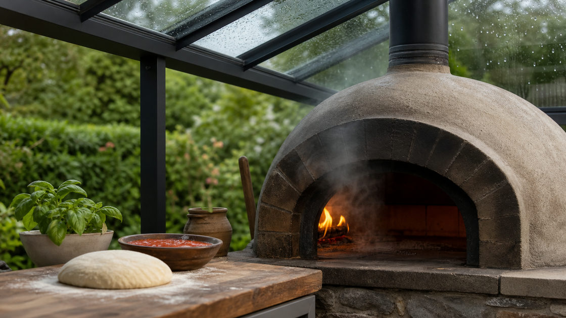 Pizzaoven in een buitenkeuken onder een glazen overkapping met donkere profielen, met regendruppels op het glas