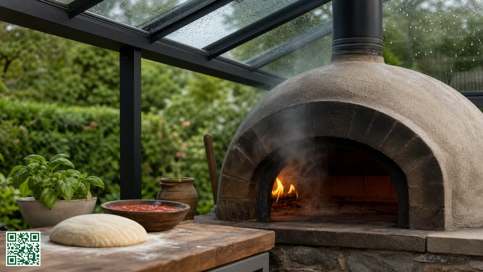 Pizzaoven in een buitenkeuken onder een glazen overkapping met donkere profielen, met regendruppels op het glas