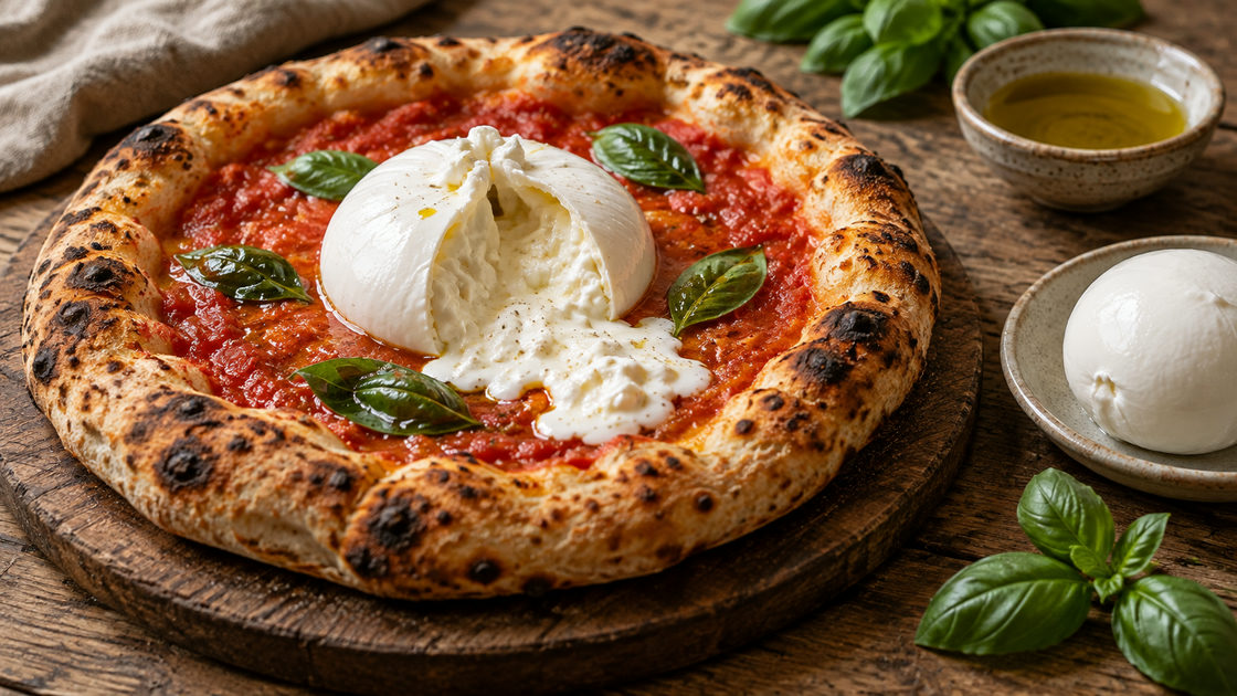 Gebakken pizza met een opengesneden burrata in het midden, met daarnaast een bol mozzarella op een bordje
