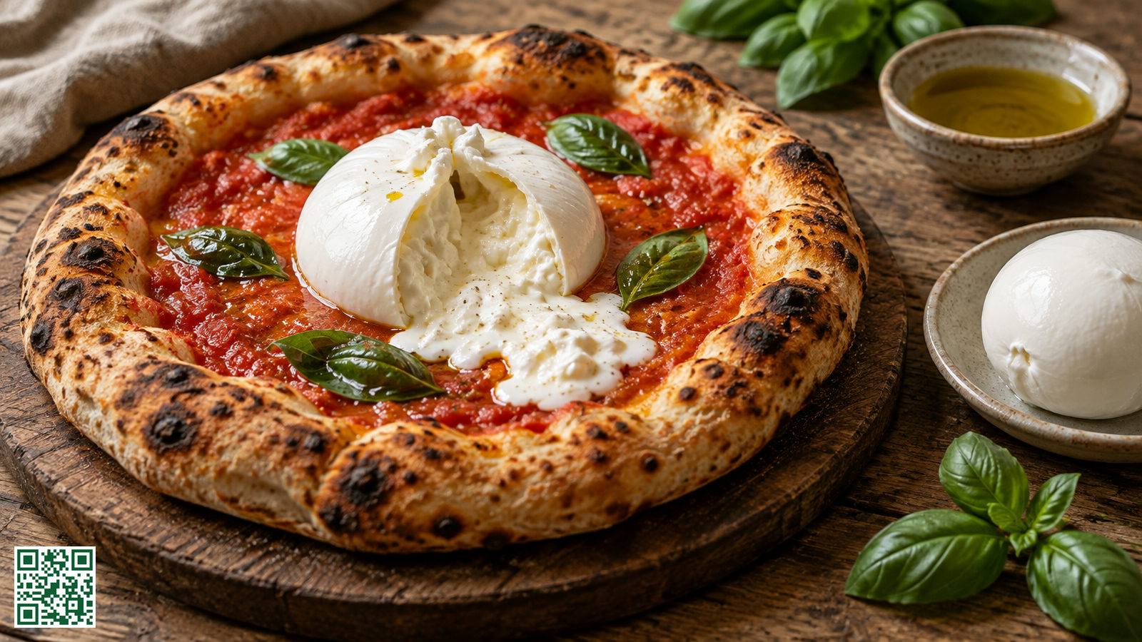 Gebakken pizza met een opengesneden burrata in het midden, met daarnaast een bol mozzarella op een bordje