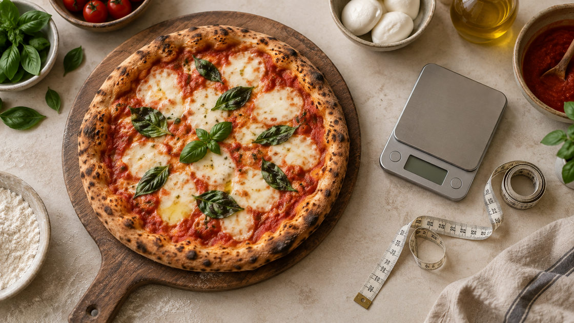 Hele margherita pizza op een houten plank naast een keukenweegschaal en een meetlint