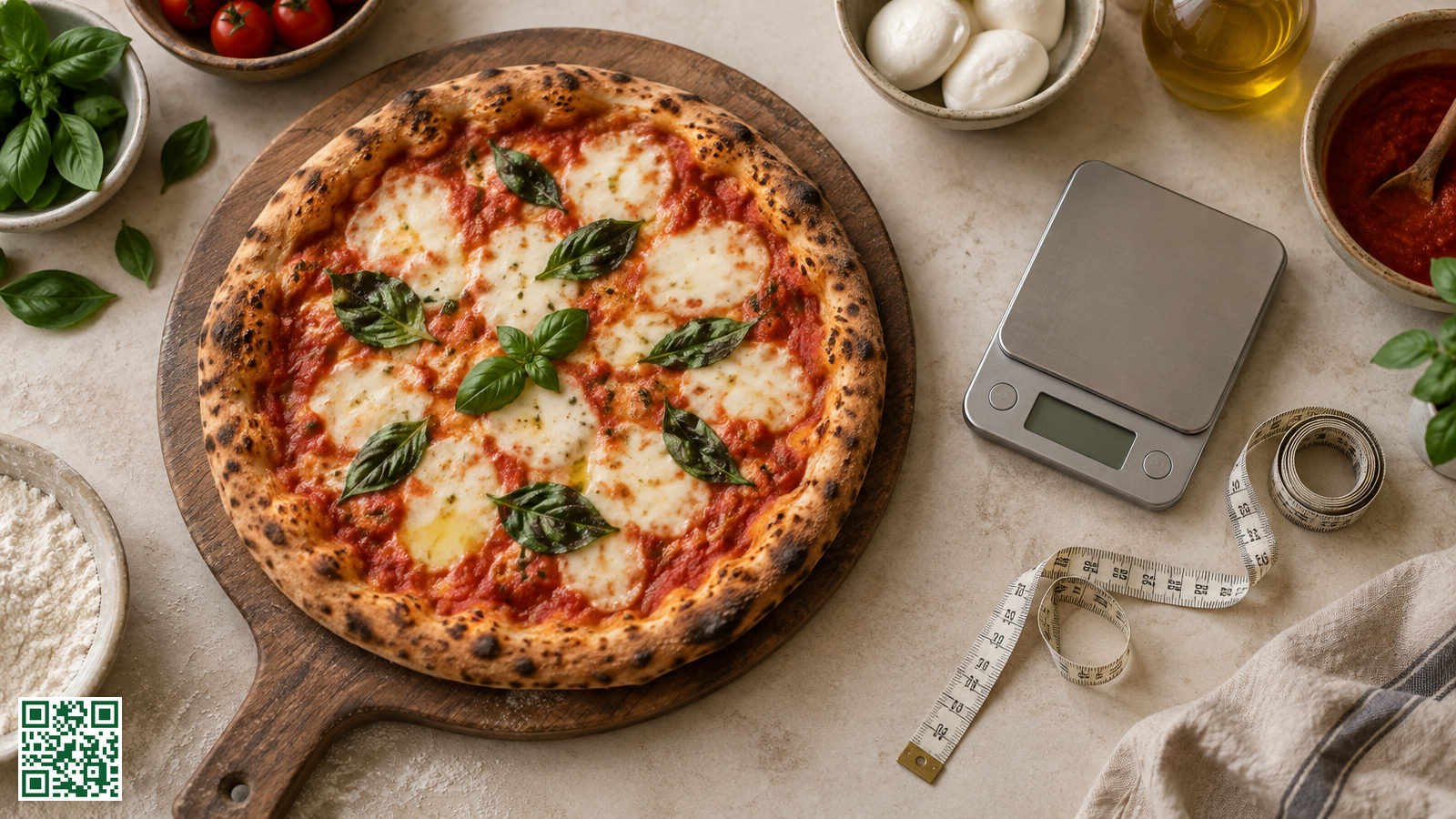 Hele margherita pizza op een houten plank naast een keukenweegschaal en een meetlint