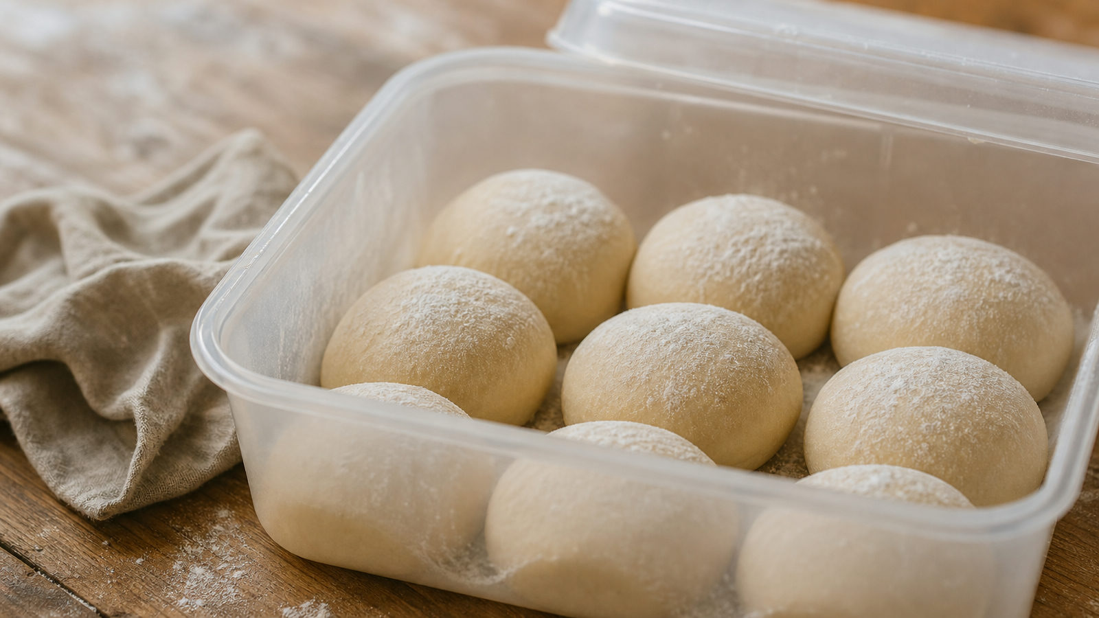 Meerdere ronde deegbollen die naast elkaar rusten in een deegbak met deksel