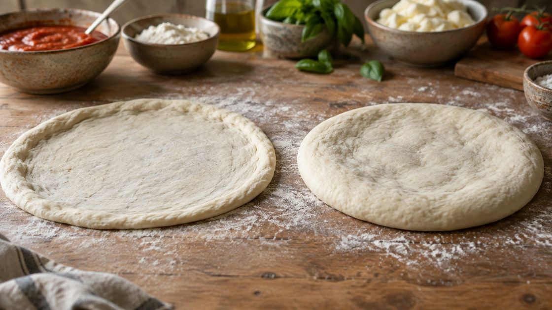 Twee uitgerekte pizzabodems naast elkaar op een met bloem bestoven werkblad, één dun en plat met een opgebolde rand, de andere dik en luchtig