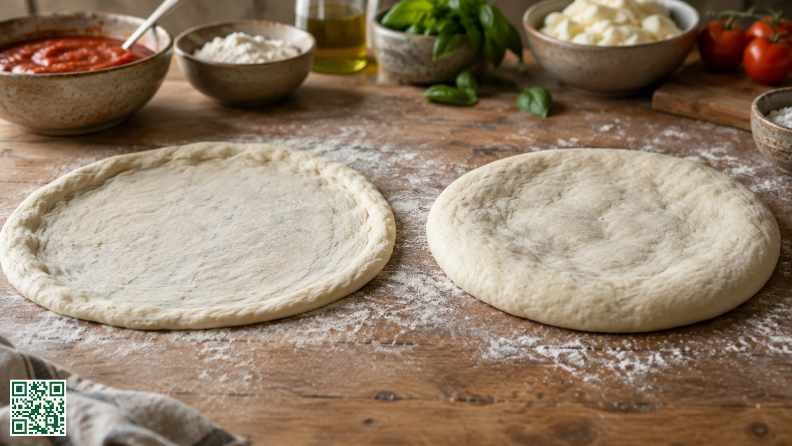 Twee uitgerekte pizzabodems naast elkaar op een met bloem bestoven werkblad, één dun en plat met een opgebolde rand, de andere dik en luchtig