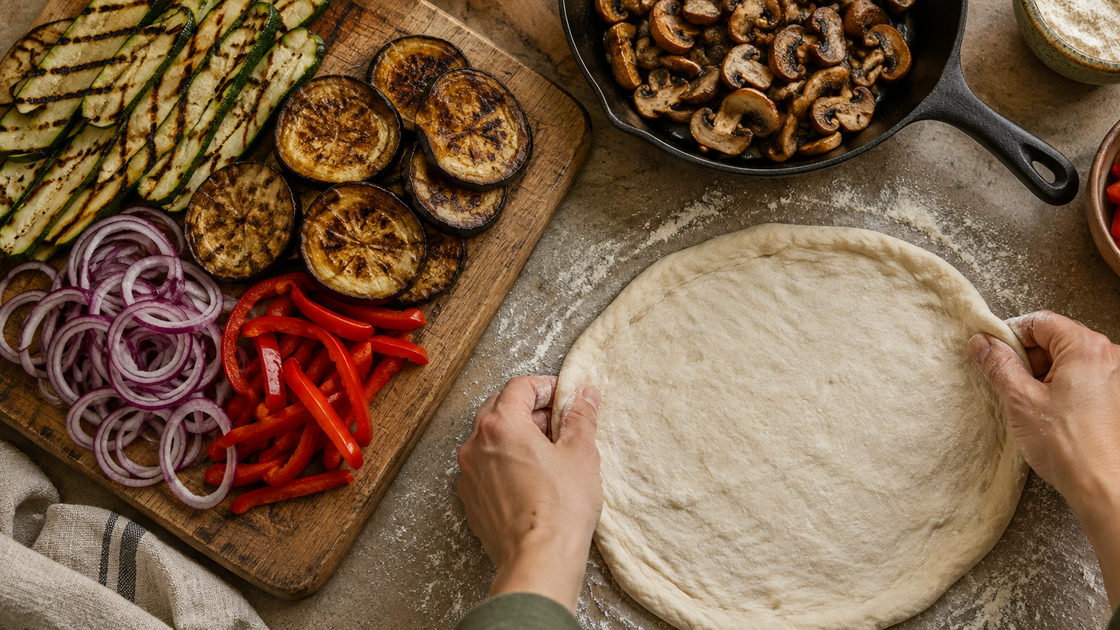 Snijplank met gegrilde courgette, geroosterde aubergine, rode ui en paprika naast een pan met gebakken champignons en een uitgerekte pizzabodem