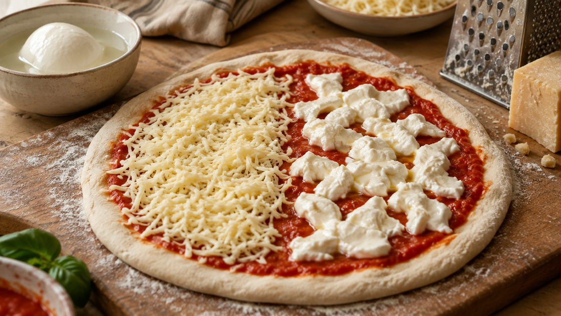 Pizzabodem met tomatensaus, half bedekt met geraspte mozzarella en half met gescheurde stukken verse mozzarella, naast een kommetje met een mozzarellabol en een rasp