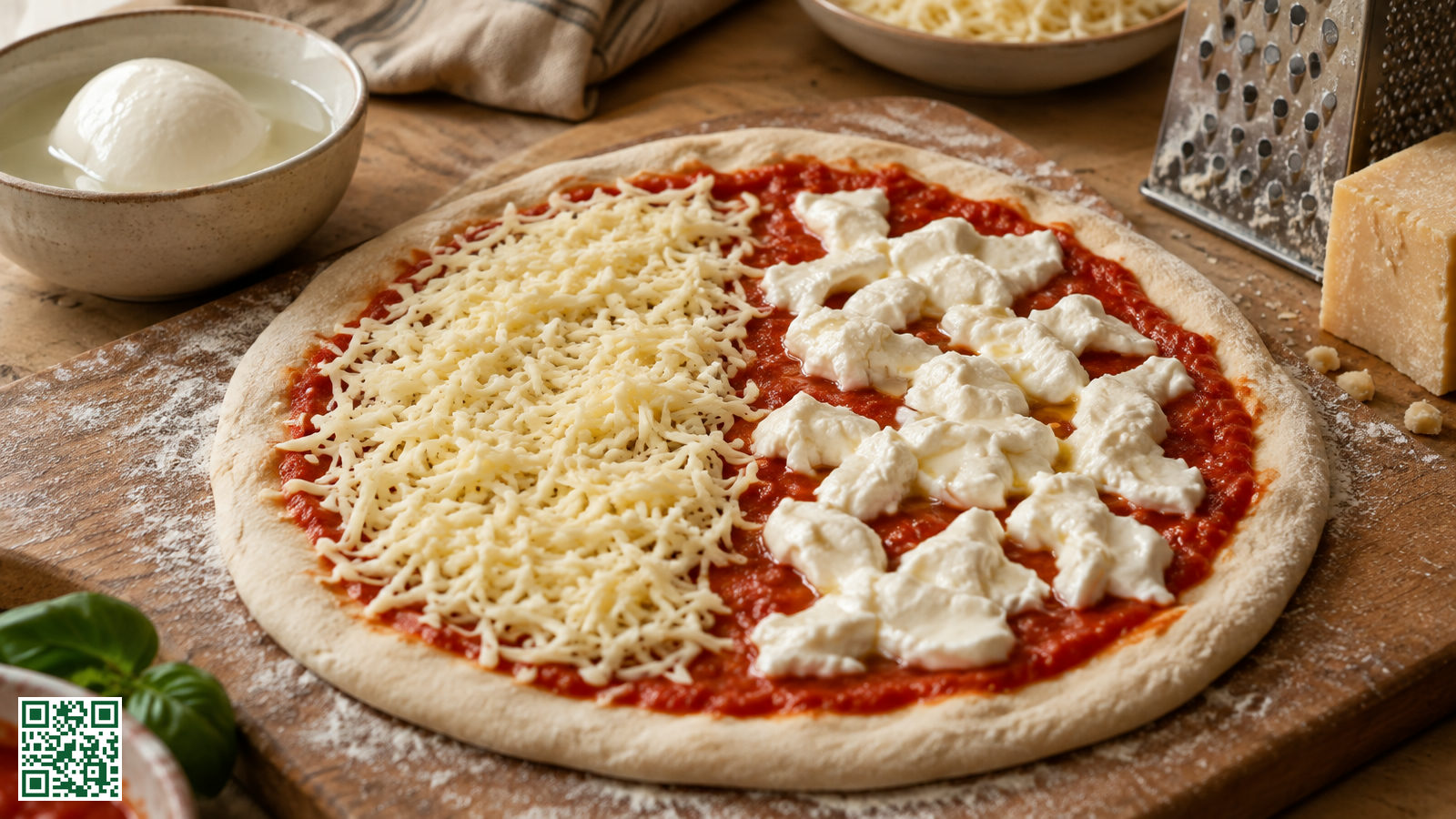 Pizzabodem met tomatensaus, half bedekt met geraspte mozzarella en half met gescheurde stukken verse mozzarella, naast een kommetje met een mozzarellabol en een rasp