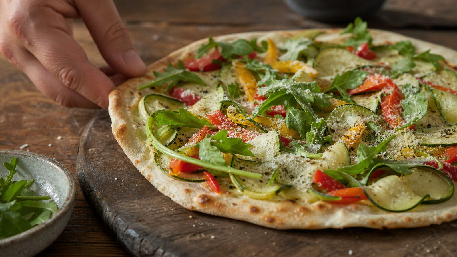 Pizza met dunne bodem, groenten en een dunne laag kaas op een houten ondergrond