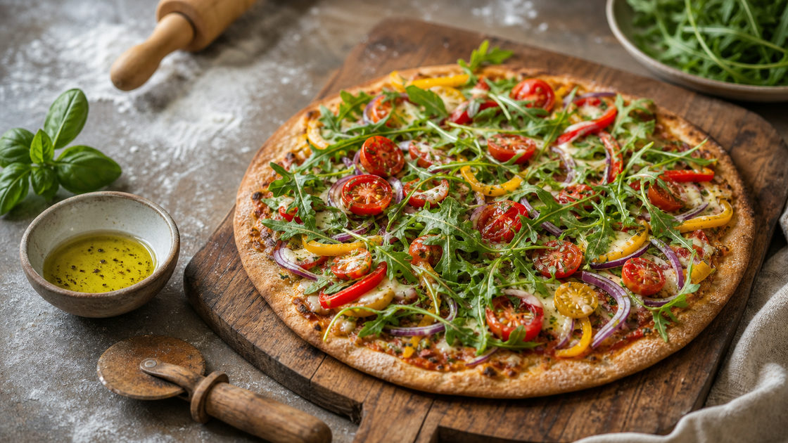 Zelfgemaakte pizza met dunne volkoren bodem en verse groenten zoals tomaat, rucola en paprika op een houten plank