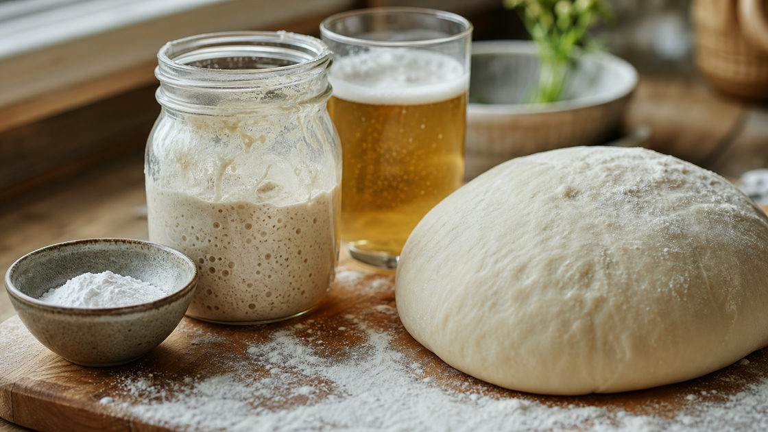 Bakpoeder, een zuurdesemstarter en een glas bier naast een bol pizzadeeg op een bebloemde plank