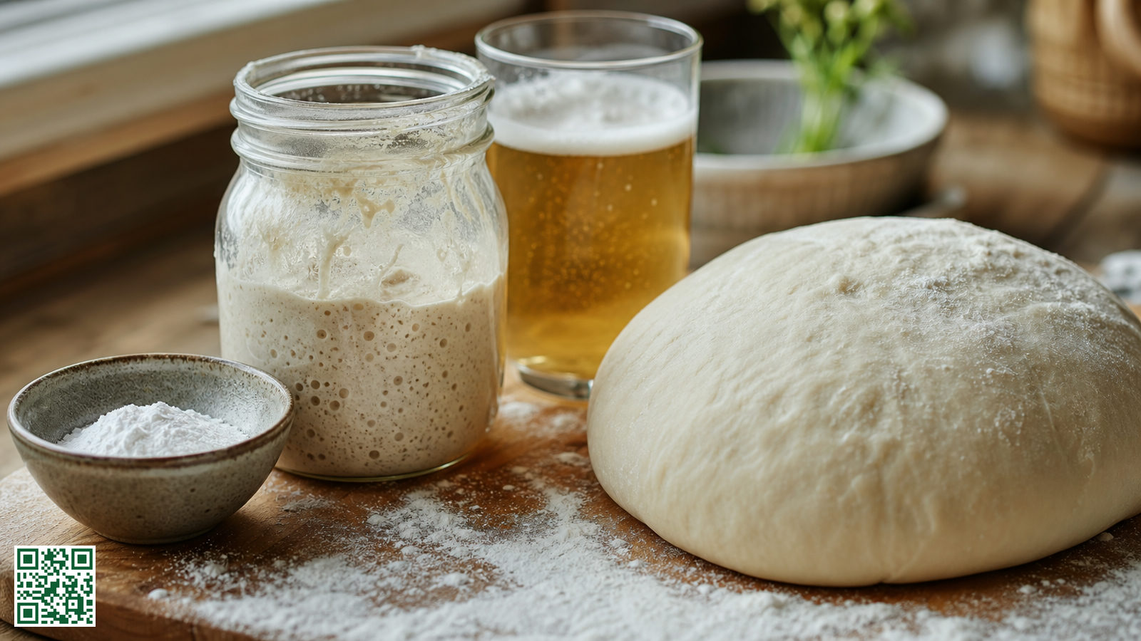 Bakpoeder, een zuurdesemstarter en een glas bier naast een bol pizzadeeg op een bebloemde plank