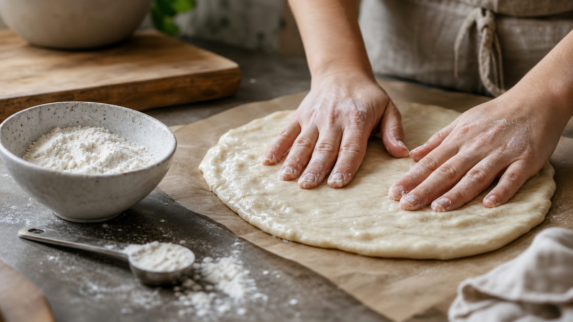 Handen die een nat, glutenvrij pizzadeeg uitspreiden op bakpapier