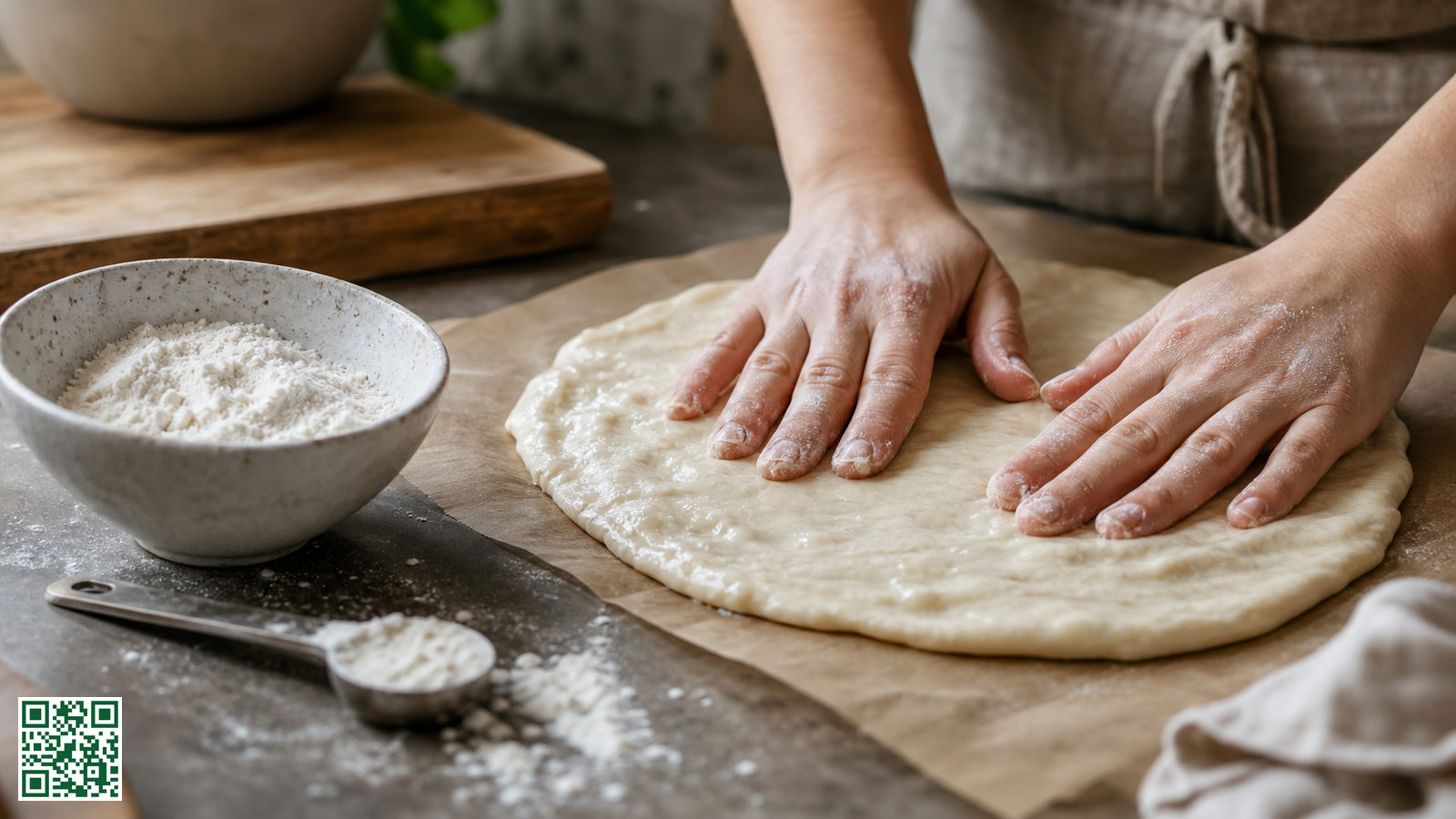 Handen die een nat, glutenvrij pizzadeeg uitspreiden op bakpapier