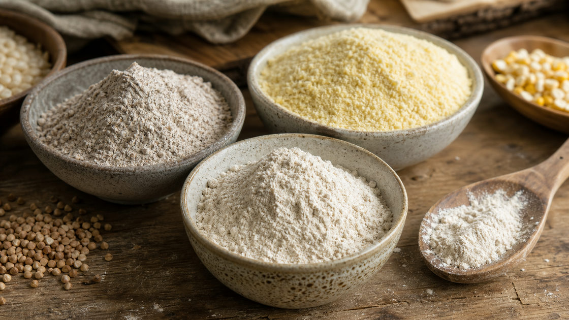 Verschillende glutenvrije meelsoorten in kommetjes op een houten aanrecht