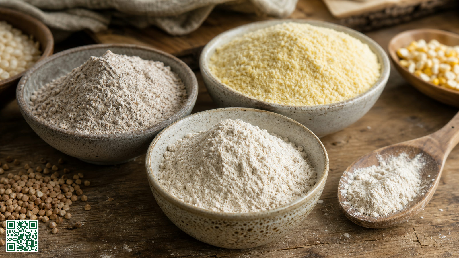 Verschillende glutenvrije meelsoorten in kommetjes op een houten aanrecht