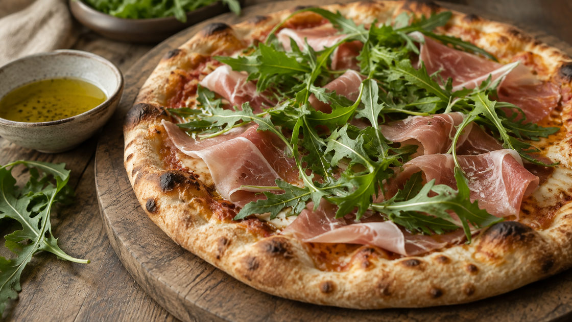 Pizza met dunne plakken rauwe ham en verse rucola op een houten plank