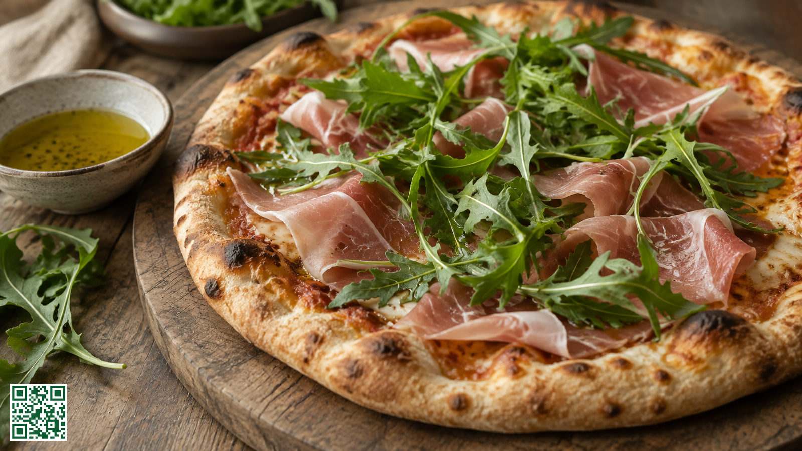 Pizza met dunne plakken rauwe ham en verse rucola op een houten plank