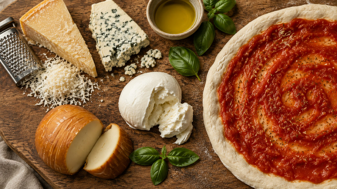 Verschillende kazen op een houten plank naast een ongebakken pizzabodem met tomatensaus