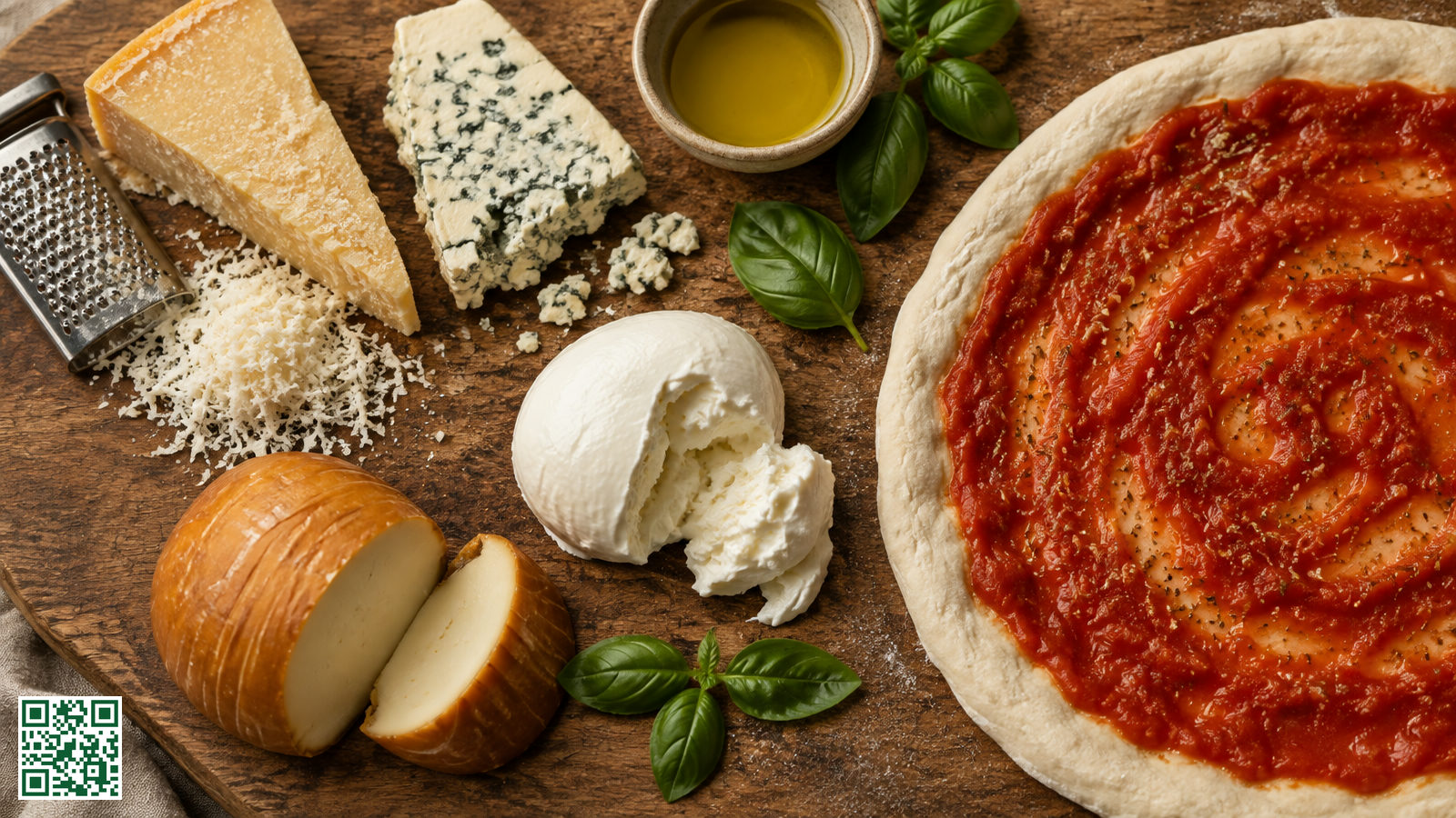 Verschillende kazen op een houten plank naast een ongebakken pizzabodem met tomatensaus