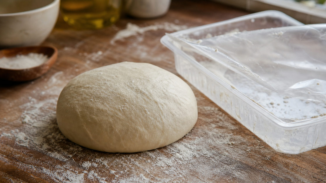 Bol pizzadeeg op een bebloemd werkblad naast geopende verpakking