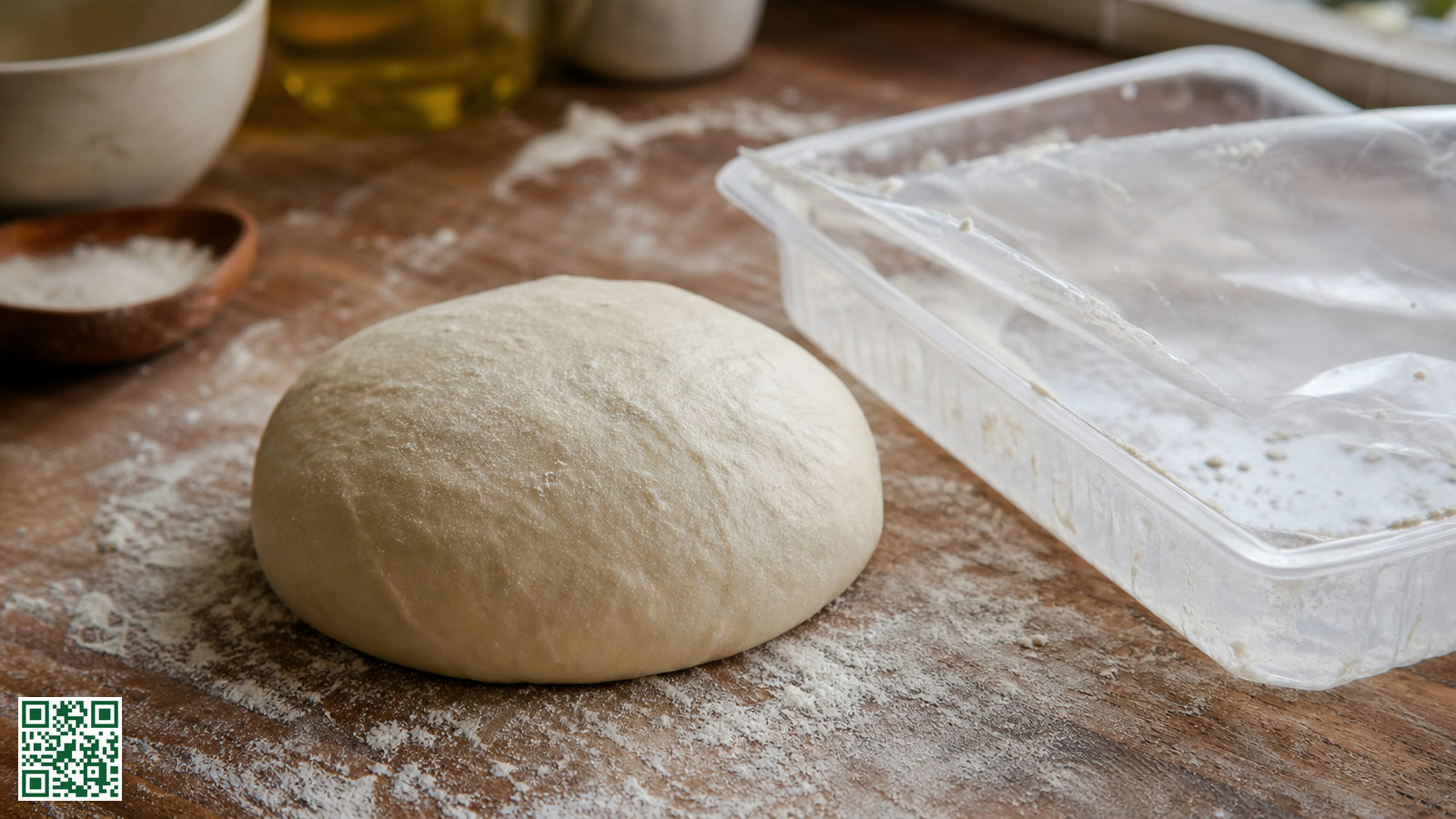 Bol pizzadeeg op een bebloemd werkblad naast geopende verpakking