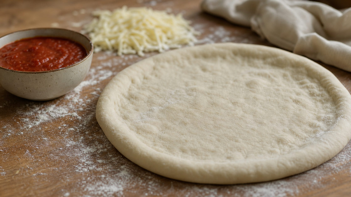 Kant-en-klare pizzabodem op een houten aanrecht met een schaaltje tomatensaus en geraspte kaas ernaast