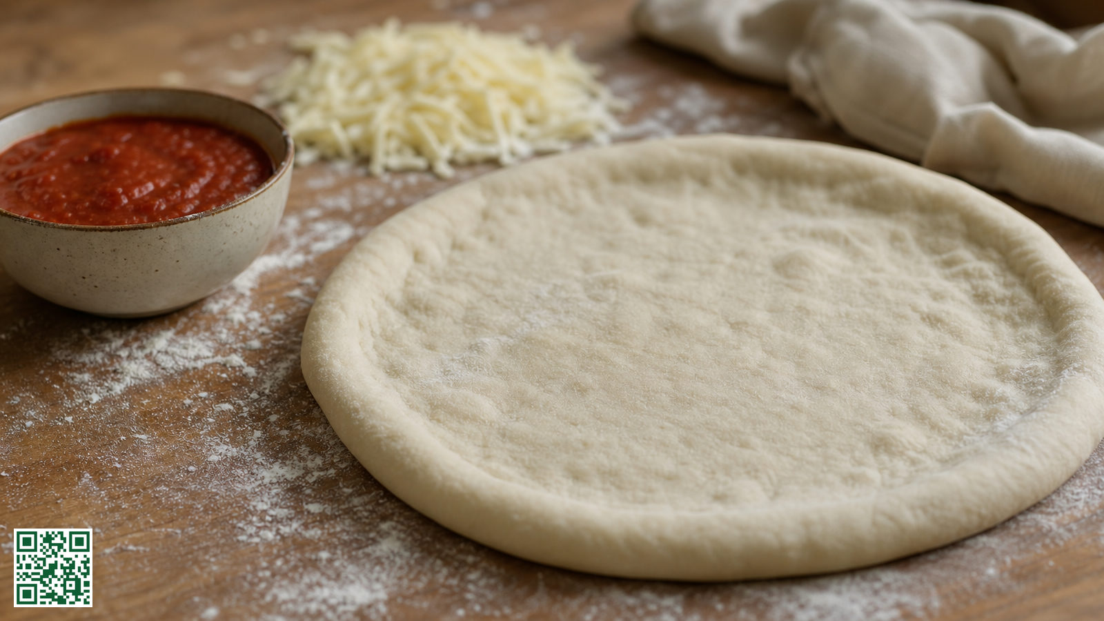 Kant-en-klare pizzabodem op een houten aanrecht met een schaaltje tomatensaus en geraspte kaas ernaast