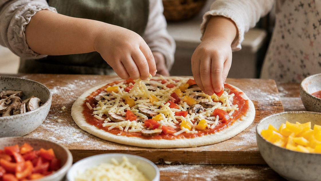 Kinderhanden die kaas en groente op een pizzabodem leggen op een houten plank