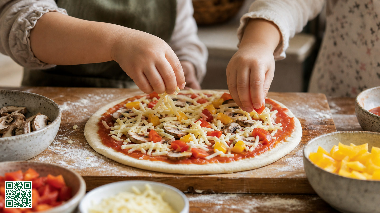 Kinderhanden die kaas en groente op een pizzabodem leggen op een houten plank