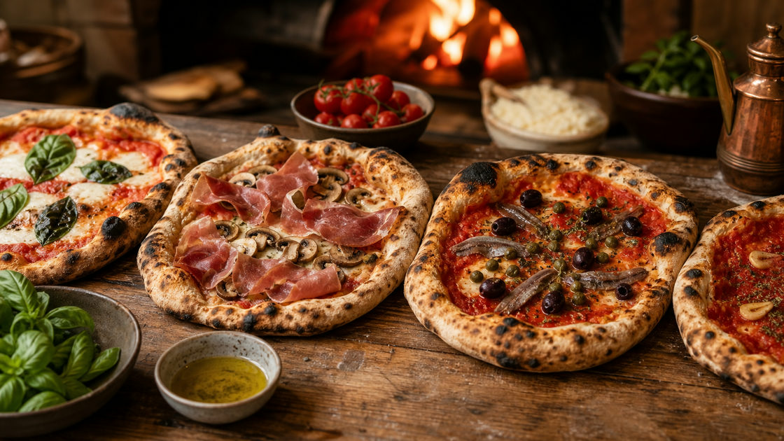 Verschillende klassieke Italiaanse pizzasoorten met diverse toppings naast elkaar op een houten tafel