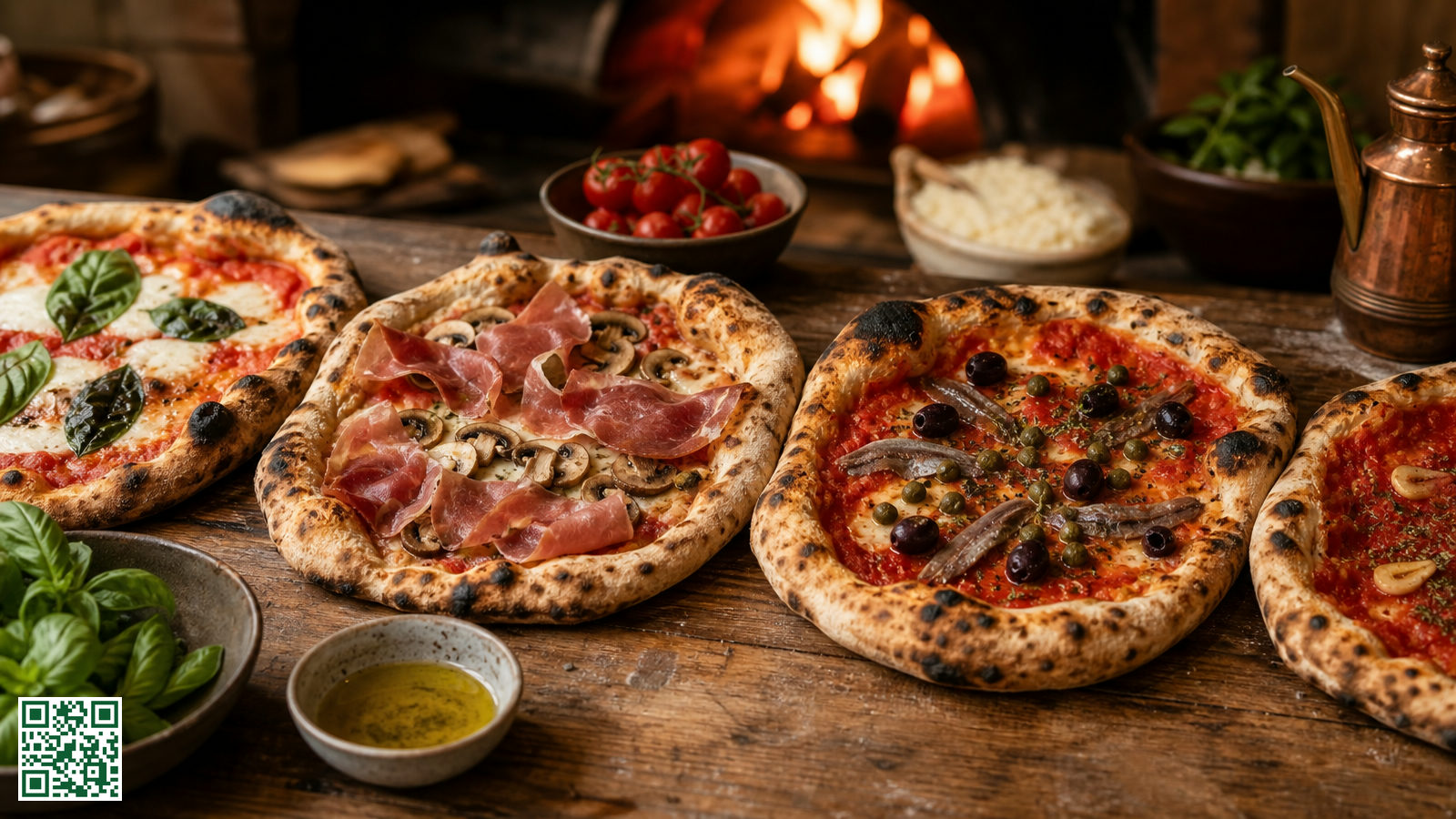 Verschillende klassieke Italiaanse pizzasoorten met diverse toppings naast elkaar op een houten tafel