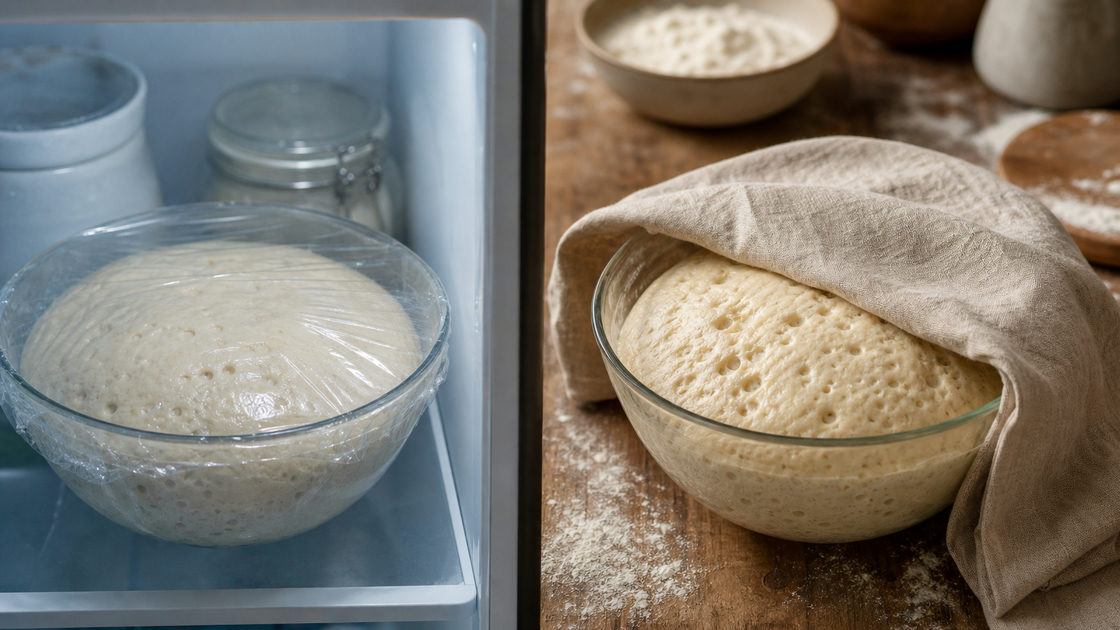 Twee bakjes pizzadeeg, één koud rijzend in de koelkast en één warm rijzend op het aanrecht, met zichtbare luchtbellen in het deeg