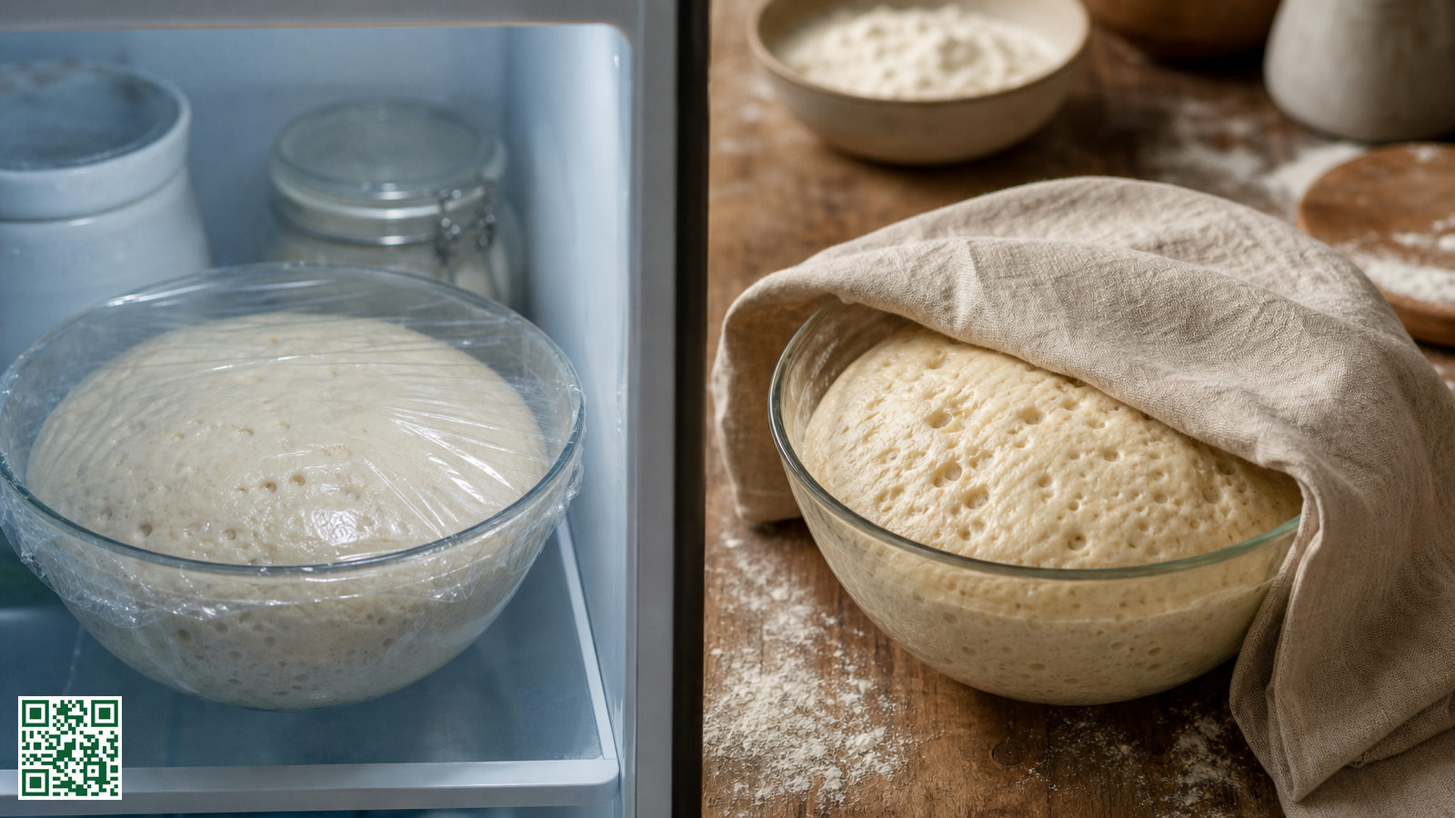 Twee bakjes pizzadeeg, één koud rijzend in de koelkast en één warm rijzend op het aanrecht, met zichtbare luchtbellen in het deeg