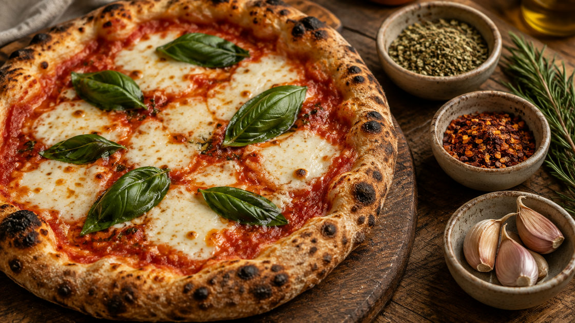Gebakken pizza met verse basilicumblaadjes, naast schaaltjes met gedroogde oregano, chilivlokken, knoflook en een takje rozemarijn