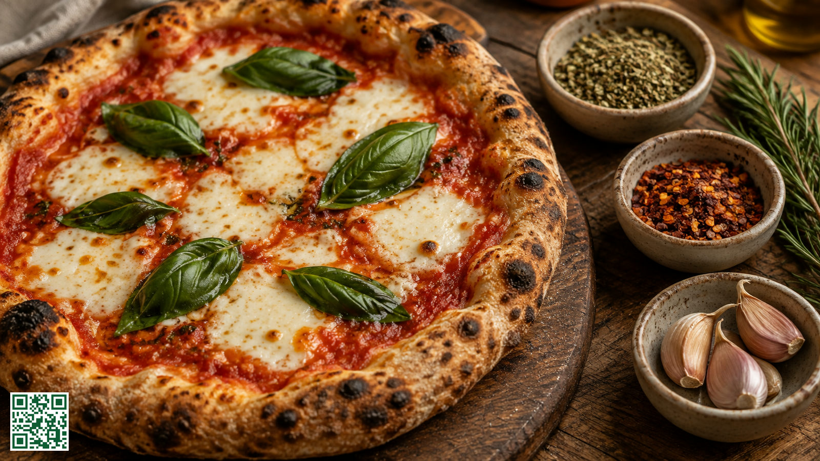 Gebakken pizza met verse basilicumblaadjes, naast schaaltjes met gedroogde oregano, chilivlokken, knoflook en een takje rozemarijn