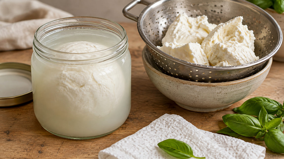Bol mozzarella in troebel vocht in een glazen pot, met gescheurde stukken mozzarella die uitlekken in een vergiet