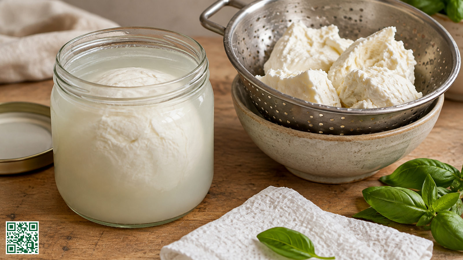 Bol mozzarella in troebel vocht in een glazen pot, met gescheurde stukken mozzarella die uitlekken in een vergiet