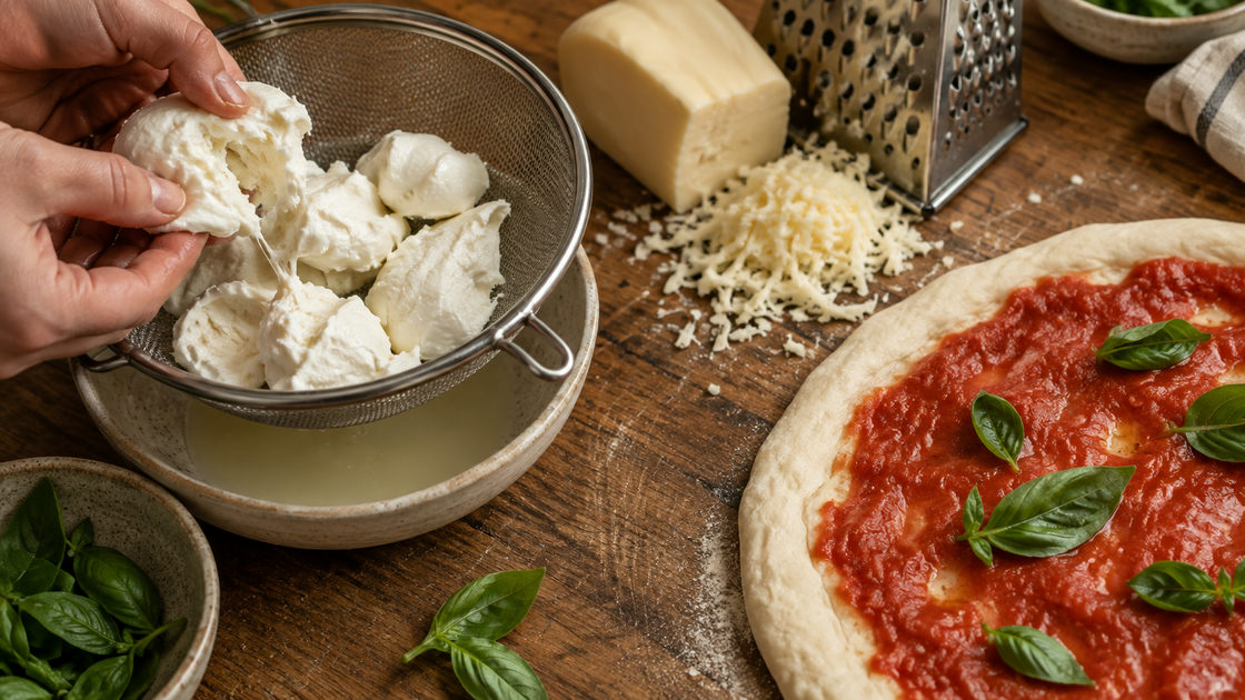 Stukken verse mozzarella die uitlekken in een zeef naast een geraspt blok mozzarella en een pizzabodem met tomatensaus