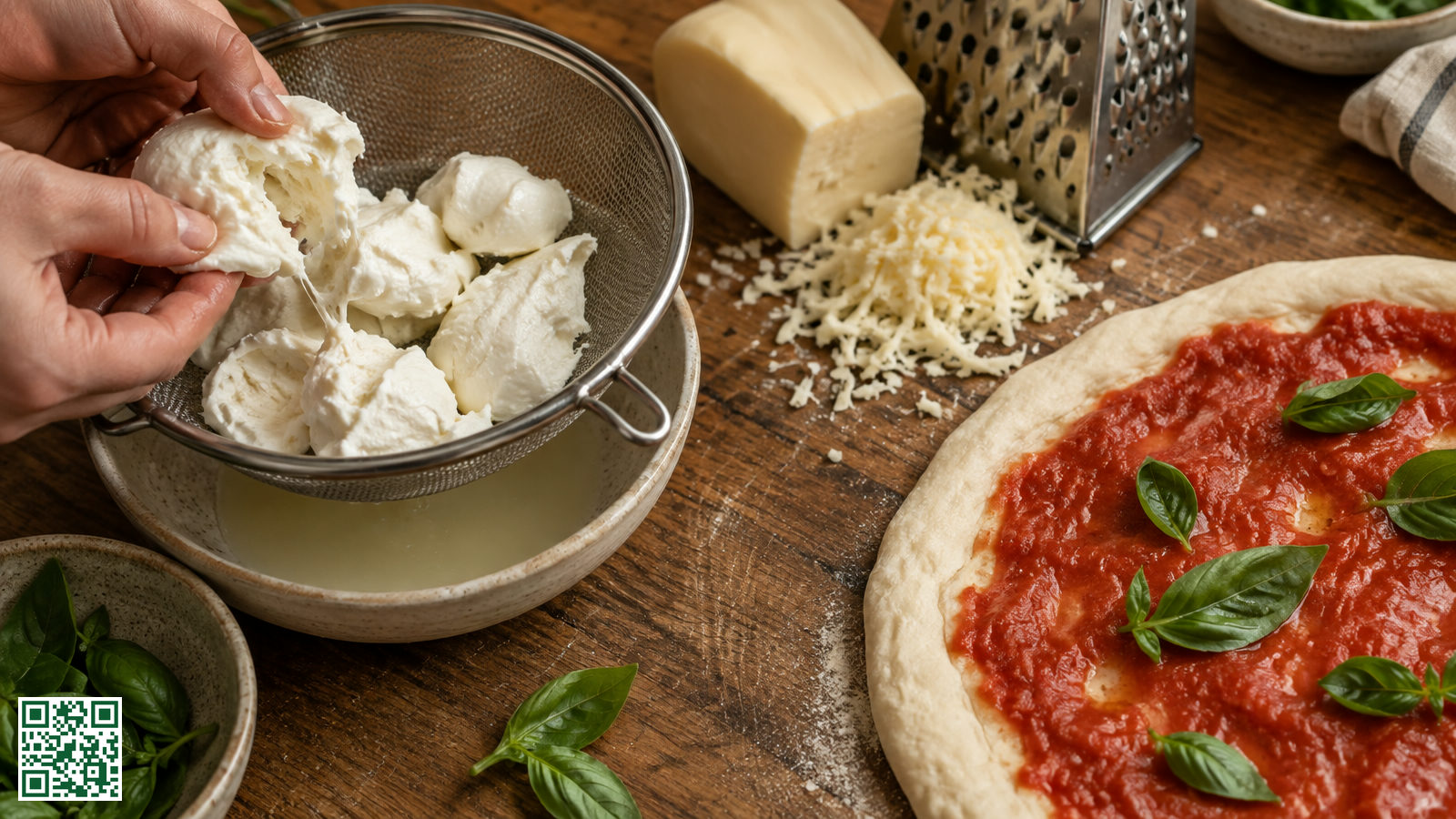 Stukken verse mozzarella die uitlekken in een zeef naast een geraspt blok mozzarella en een pizzabodem met tomatensaus
