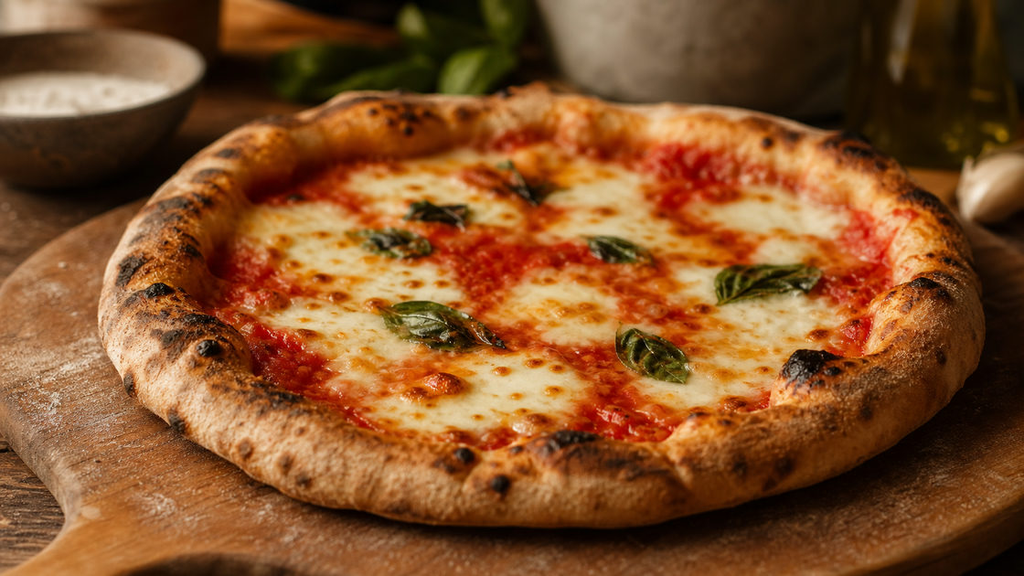 Close-up van een pizza met een luchtige, gevlekte opstaande rand op een houten pizzaschep