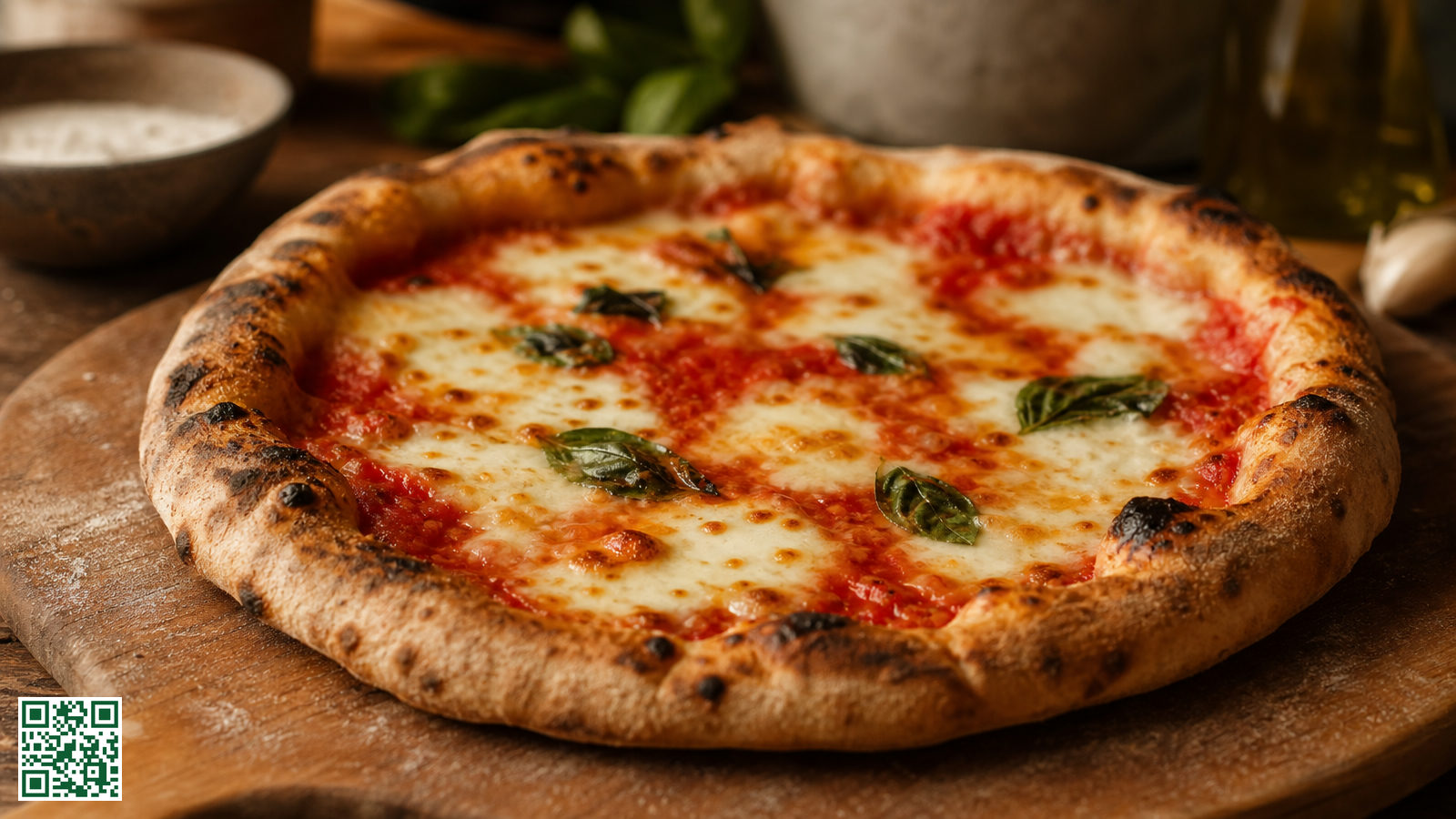 Close-up van een pizza met een luchtige, gevlekte opstaande rand op een houten pizzaschep